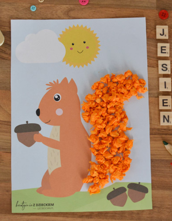 Jesienna wiewiórka – wyklejanka do druku