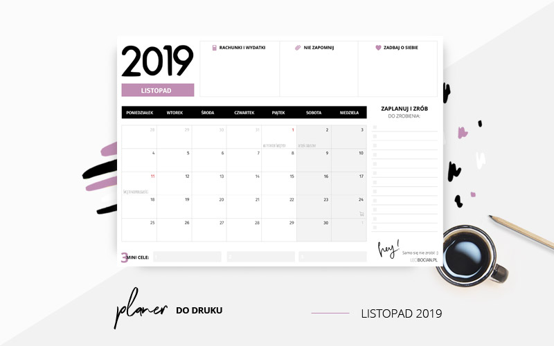 Planer listopad  2019 w kolorze fioletowym