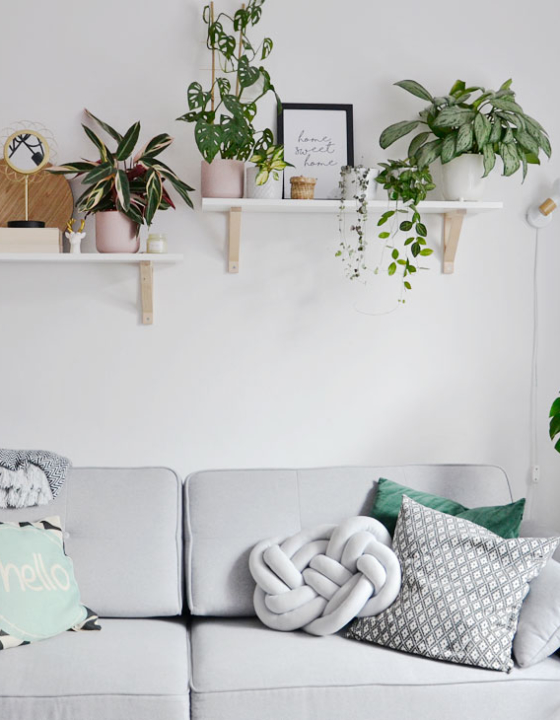 Wiszące półki na kwiaty w salonie