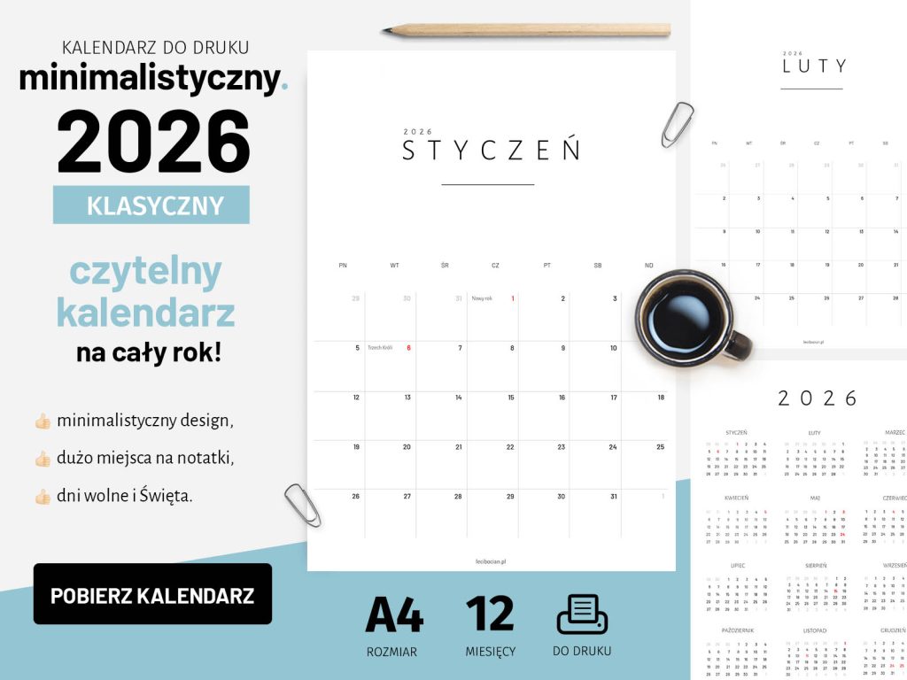 Minimalistyczny kalendarz 2026 do druku